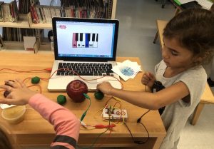 Two girls playing piano with Makey Makey