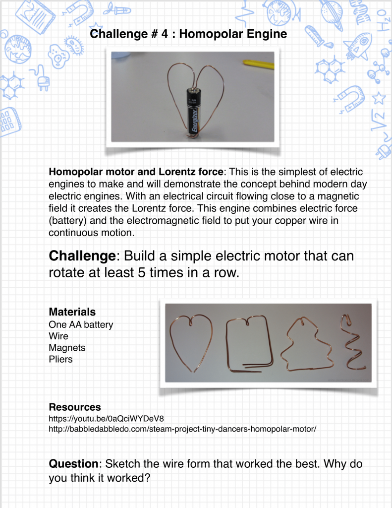 Homopolar motor challenge graphic which can be accessed in PDF form by clicking on heading